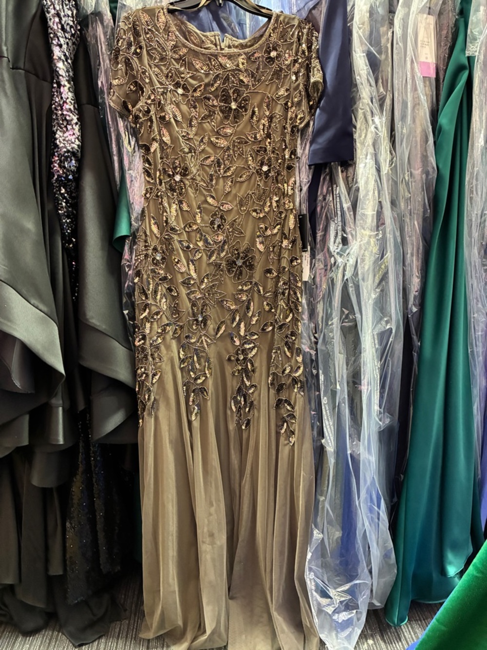 Adrianna Papell Taupe Charcoal Beaded Gown Size 0 NWT Formal MOB MOG GALA Dress - Picture 8 of 10